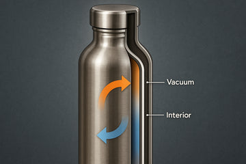 Cross-section illustration of vacuum insulated stainless steel water bottle showing multi-layer walls. Alt: Stainless steel insulated water bottle vacuum cross-section with temperature retention features.