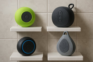 A variety of waterproof Bluetooth shower speakers displayed on bathroom shelves. Alt: Different models of waterproof Bluetooth shower speakers for home use.