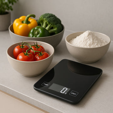 A modern kitchen scene showing a digital kitchen scale with tare function displayed next to bowls of fresh vegetables and flour. Alt: Digital kitchen scale with tare function free delivery UK for precise cooking and portion control.