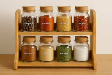 A well-organized bamboo spice rack with various spices in jars. Alt: Bamboo spice rack organizer with spices and eco-friendly design.