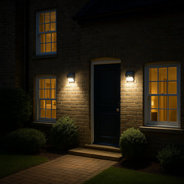 A well-lit UK home exterior at night showcasing bright solar motion sensor lights illuminating pathways and entry points. Alt: Solar motion sensor light UK illuminating luxury home exterior.