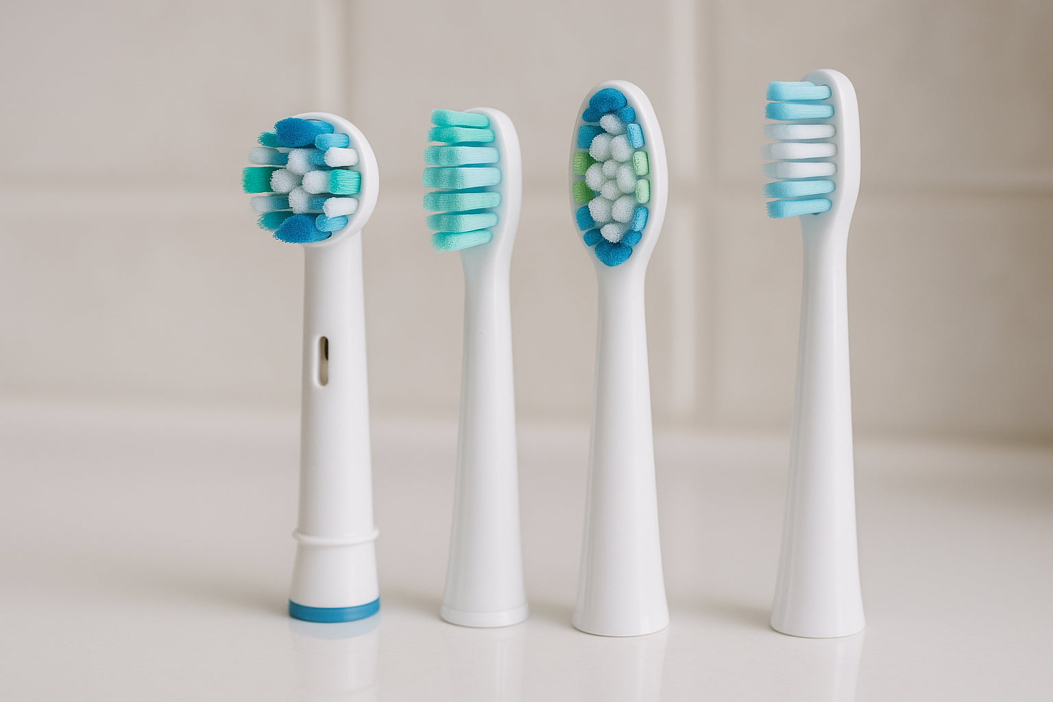 Close-up of different electric toothbrush replacement heads arranged on a clean bathroom counter. Alt: Electric toothbrush replacement heads variety for optimal oral care.