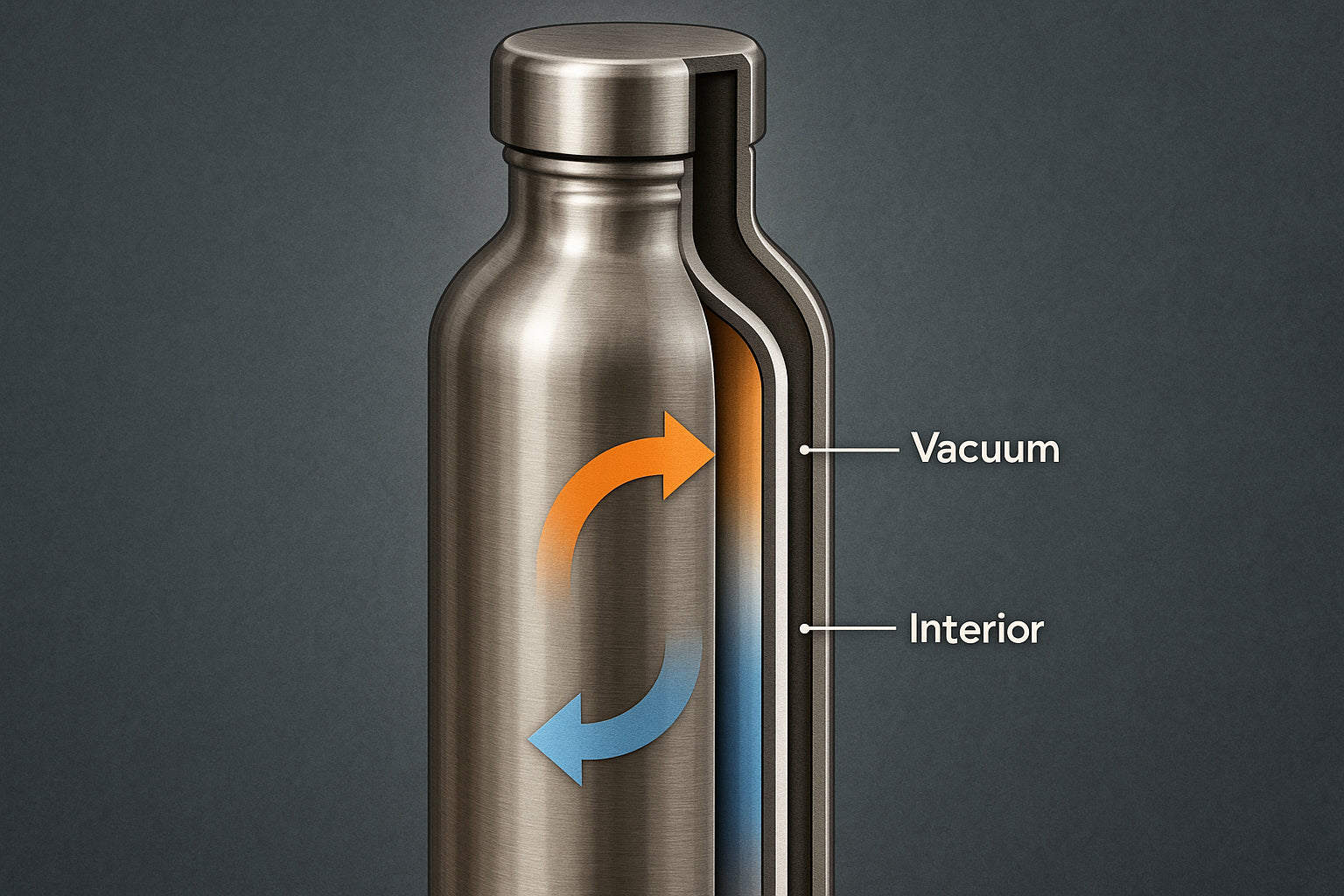 Cross-section illustration of vacuum insulated stainless steel water bottle showing multi-layer walls. Alt: Stainless steel insulated water bottle vacuum cross-section with temperature retention features.