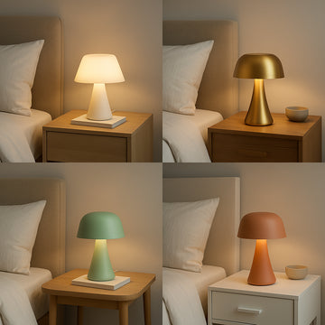 Rechargeable bedside lamps in various designs and colours on bedside tables. Alt: Stylish rechargeable bedside lamp UK in modern bedroom setting.