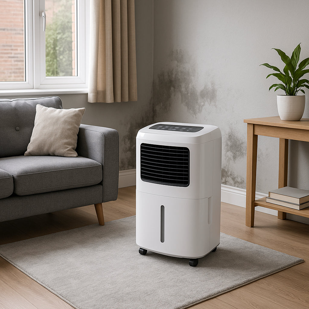 A portable dehumidifier in a modern UK living room with damp prevention. Alt: Portable dehumidifier UK removing moisture in home setting.