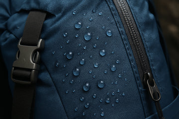 Close-up of a high-denier nylon fabric on a waterproof hiking backpack. Alt: lightweight waterproof hiking backpack durable fabric close-up