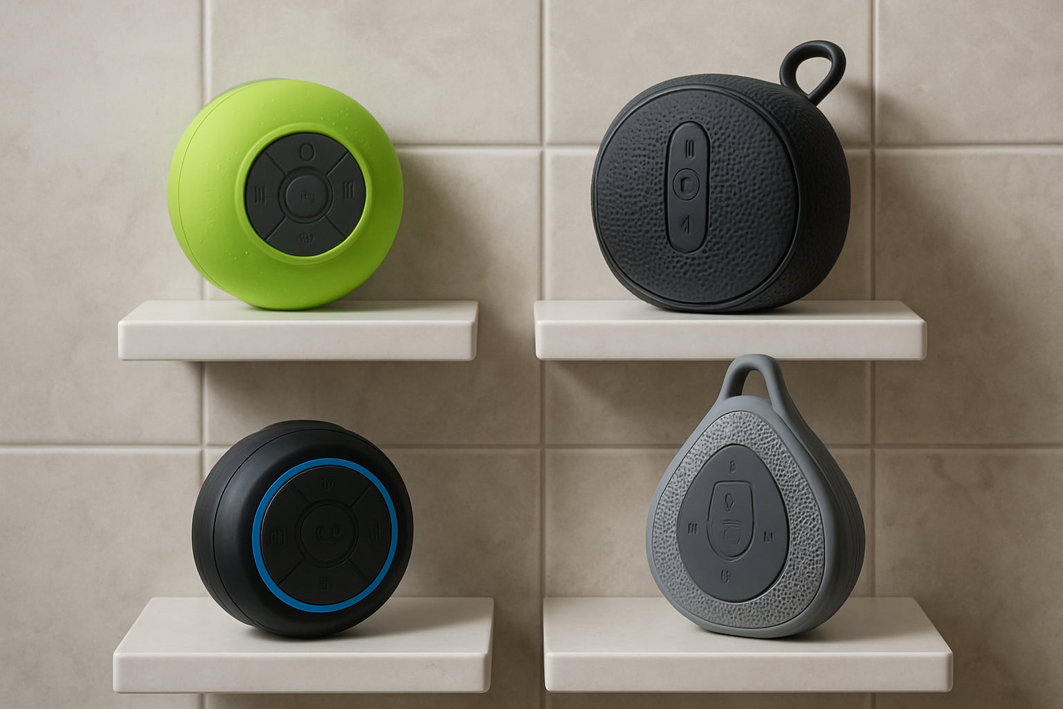 A variety of waterproof Bluetooth shower speakers displayed on bathroom shelves. Alt: Different models of waterproof Bluetooth shower speakers for home use.