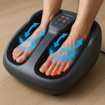 An electric foot massager machine with feet inside, showing air compression and heat features. Alt: Electric foot massager UK showing air compression and heat therapy for relaxing tired feet.