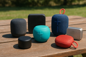 A group of diverse portable mini wireless speakers on an outdoor picnic table. Alt: Portable mini wireless speaker collection showcasing variety in design and size.