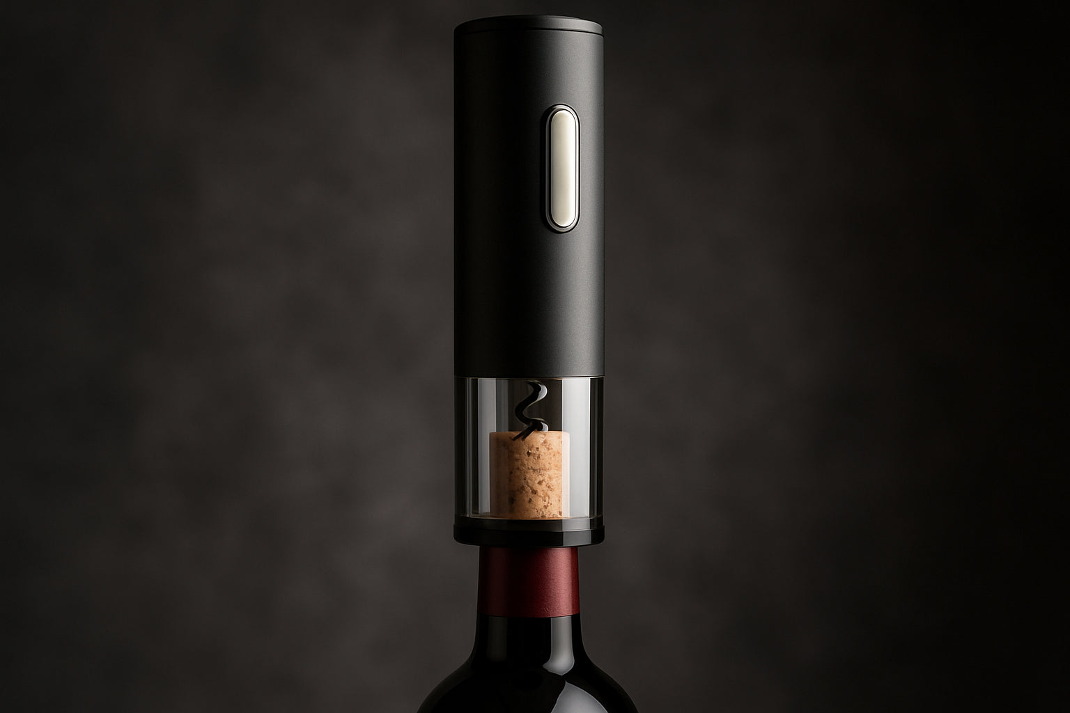 A sleek electric wine opener rechargeable device shown removing a cork from a bottle. Alt: Luxury electric wine opener rechargeable opening red wine bottle efficiently.