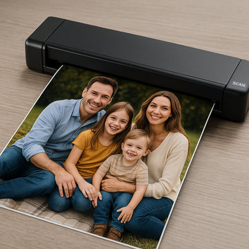 A portable document scanner scanning a high-resolution family photo. Alt: Portable document scanner UK scanning a high-resolution photo for digital archiving.