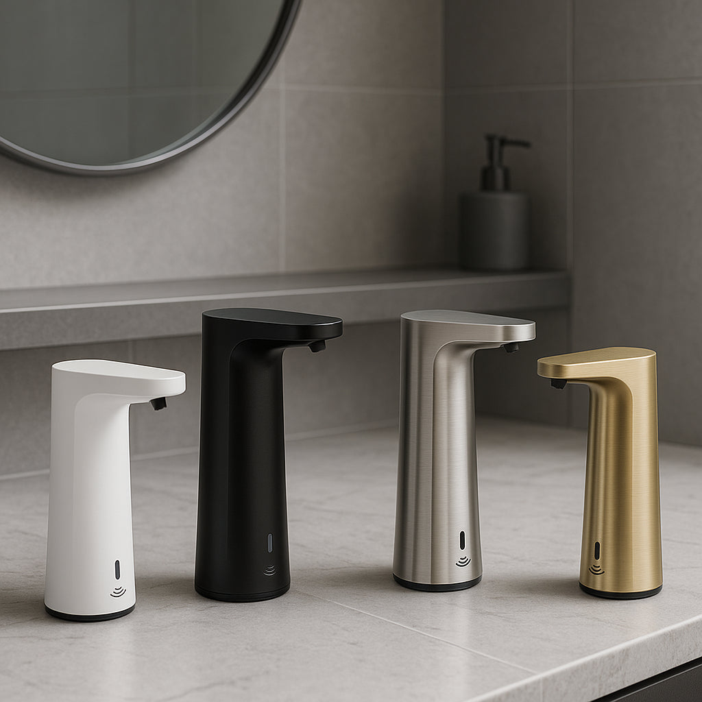 Modern automatic touchless soap dispensers displayed in a sleek bathroom setting, showcasing various finishes and sizes. Alt: Automatic touchless soap dispenser UK free delivery stylish bathroom install.