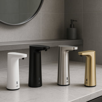 Modern automatic touchless soap dispensers displayed in a sleek bathroom setting, showcasing various finishes and sizes. Alt: Automatic touchless soap dispenser UK free delivery stylish bathroom install.
