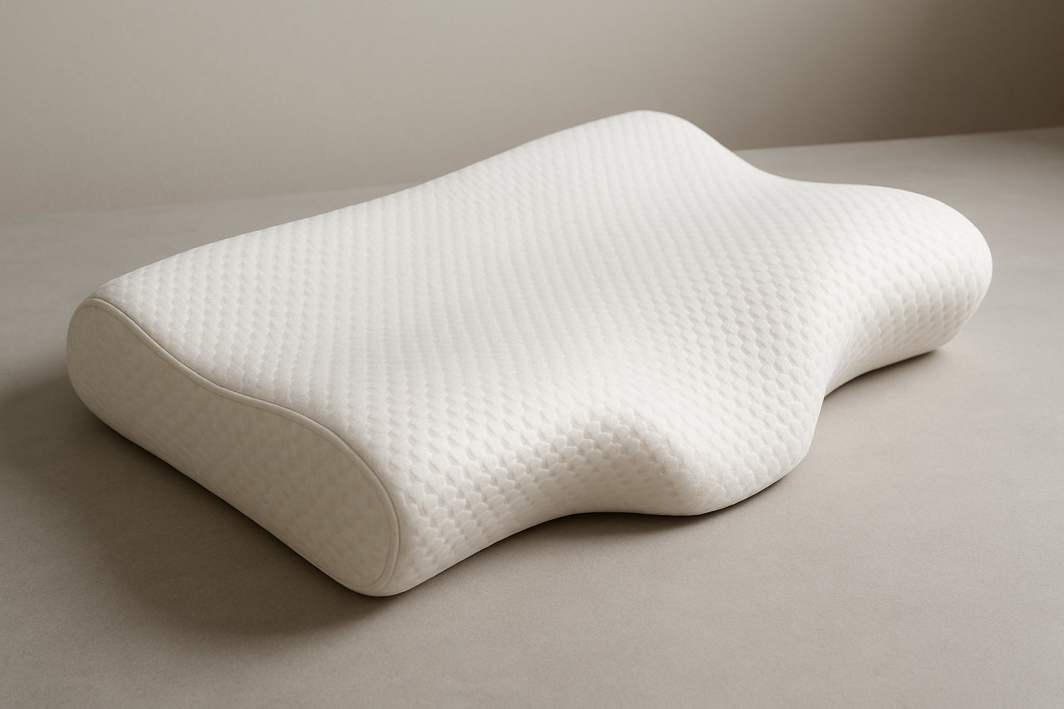 Ergonomic memory foam pillow shaped to support neck alignment. Alt: Memory foam pillow for neck pain cradle support image.
