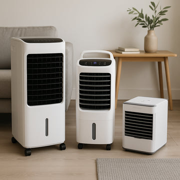 A collection of best portable air cooler UK models displayed in a modern home setting. Alt: Portable air cooler UK models for various room sizes and budgets.