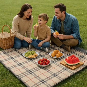 A picnic scene showcasing an outdoor waterproof picnic blanket spread on slightly dewy grass with a family enjoying snacks. Alt: Outdoor waterproof picnic blanket on grass during family picnic.