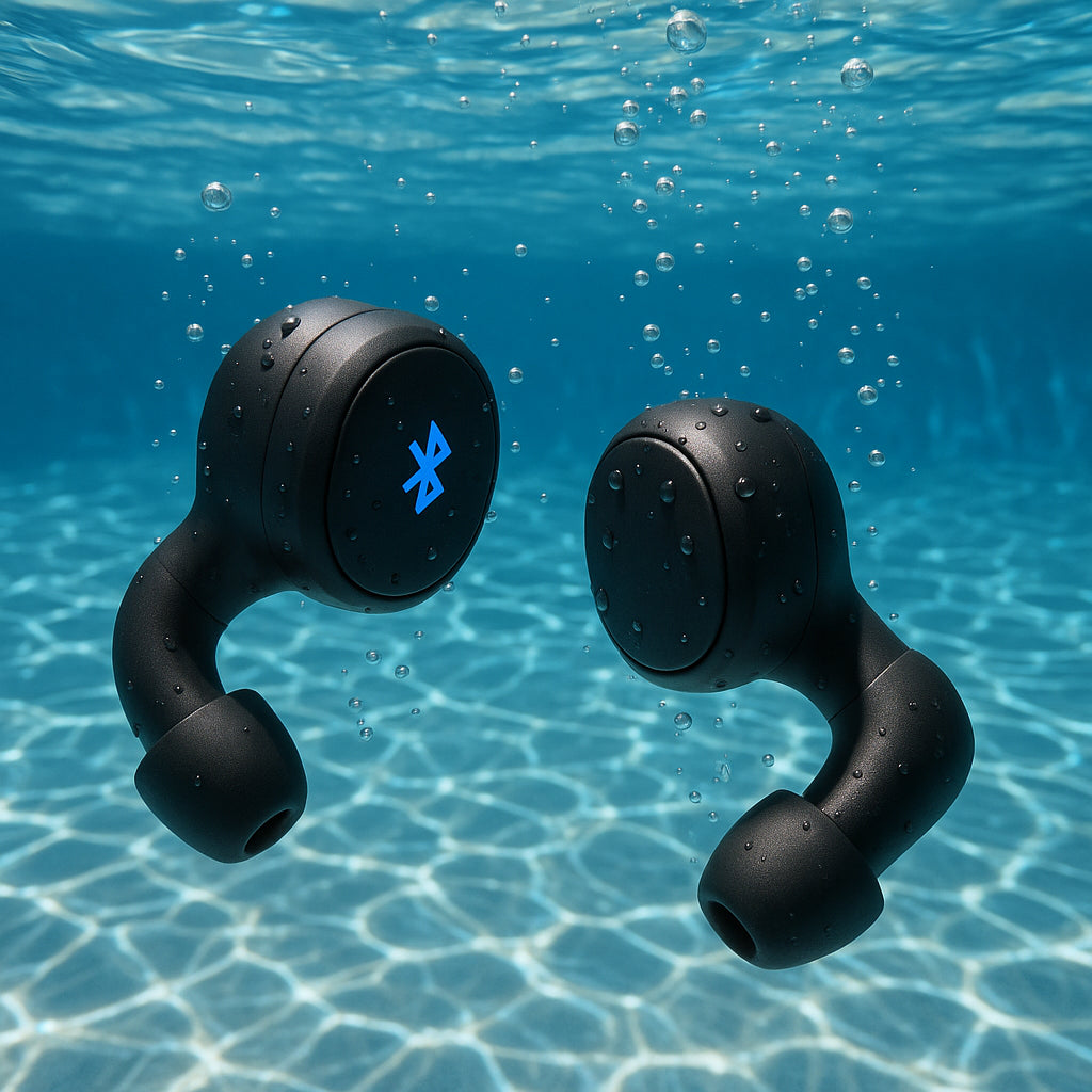 A close-up of waterproof bluetooth earbuds swimming in clear pool water, showing underwater audio technology. Alt: Waterproof bluetooth earbuds swimming delivering superior underwater sound quality.