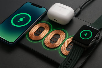 Close-up of a wireless charging pad with visible magnetic coils charging multiple devices simultaneously. Alt: Wireless charging pad multiple devices in use with clear coil alignment.