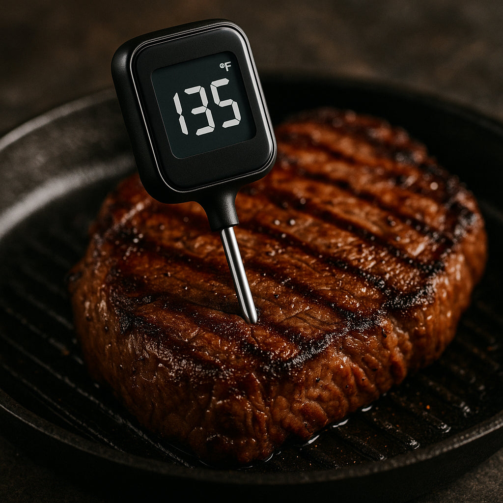 A sleek digital meat thermometer wireless in action on a perfectly grilled steak. Alt: Wireless digital meat thermometer displaying accurate temperature on a cooked steak.