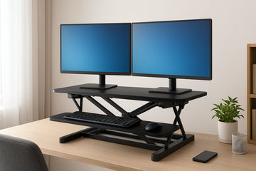 A modern ergonomic adjustable standing desk converter set up in a home office with dual monitors. Alt: Adjustable standing desk converter with dual monitors in ergonomic home office.
