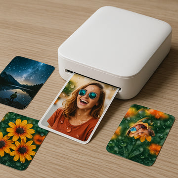 A sleek mini photo printer printing vivid, waterproof photo stickers. Alt: Mini photo printer UK producing waterproof colour photo stickers.
