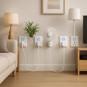 A modern UK home showing multiple smart WiFi plug sockets controlling various appliances. Alt: Smart WiFi plug sockets UK free delivery installed in living room setting.