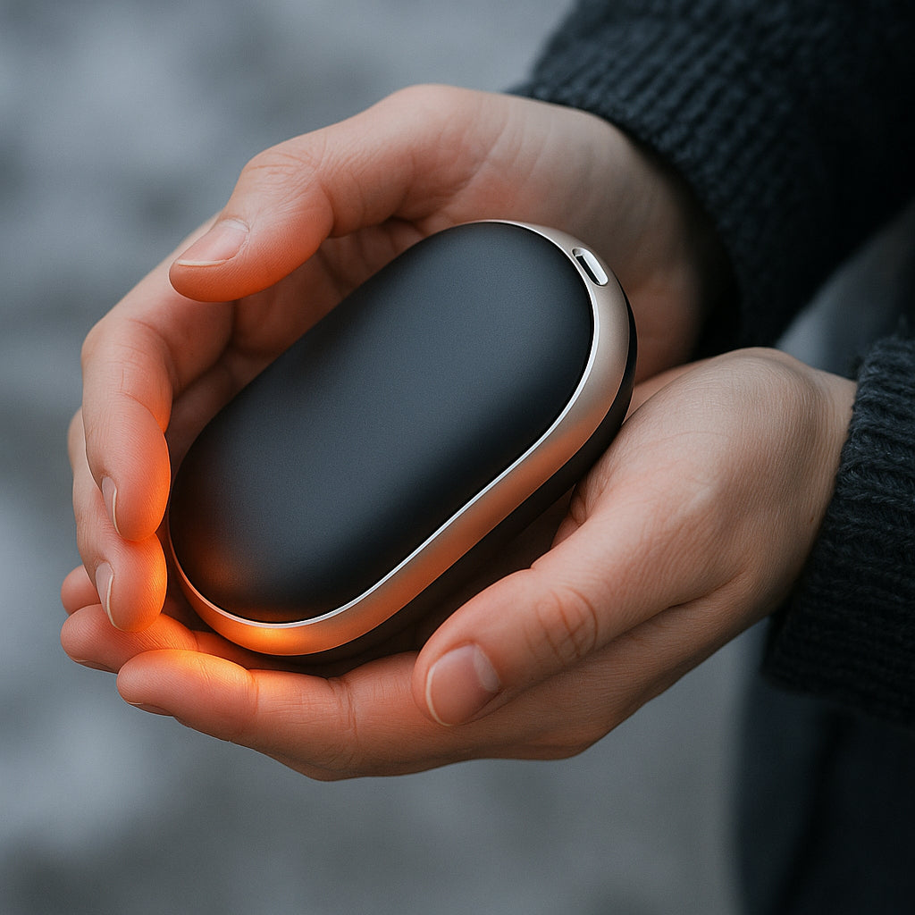 A sleek USB rechargeable hand warmer held comfortably in both hands, radiating gentle warmth. Alt: USB rechargeable hand warmer warming hands on a cold day.