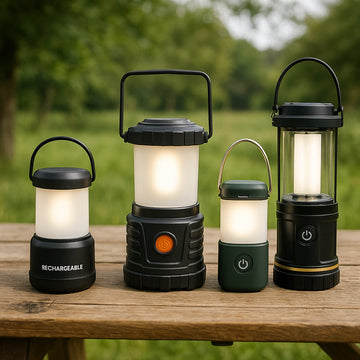 A variety of rechargeable camping lanterns displayed on a wooden table outdoors. Alt: Rechargeable camping lantern UK options showcasing different shapes and sizes.