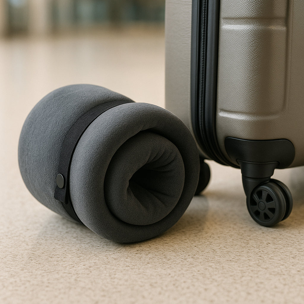 A compact memory foam travel neck pillow rolled up next to luggage. Alt: Travel neck pillow memory foam compact packing for air travel.