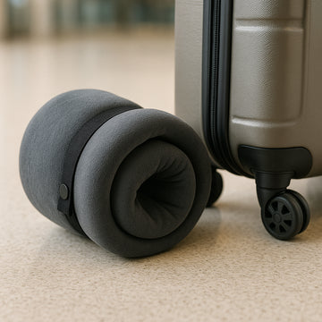 A compact memory foam travel neck pillow rolled up next to luggage. Alt: Travel neck pillow memory foam compact packing for air travel.