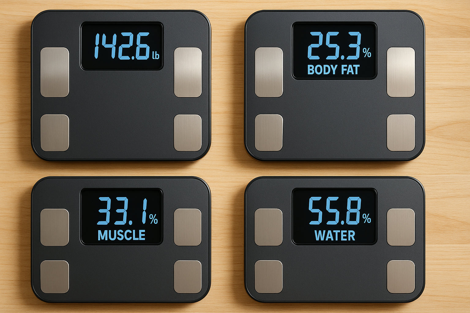 A vivid illustration of various digital bathroom scales displaying diverse body composition metrics. Alt: Digital bathroom scale body fat analysis metrics