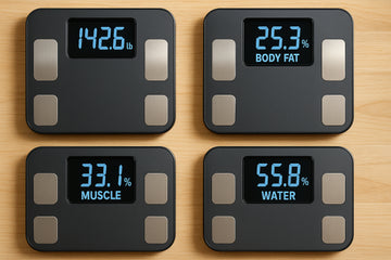 A vivid illustration of various digital bathroom scales displaying diverse body composition metrics. Alt: Digital bathroom scale body fat analysis metrics