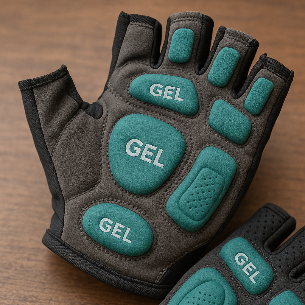 Close-up of gel padded cycling gloves showing ergonomic gel pads placement on palms and fingers. Alt: Cycling gloves gel padded with ergonomic gel inserts for shock absorption and comfort.