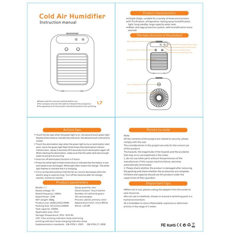Portable Lightweight Personal Air Conditioner, USB Rechargeable Air Cooler Fan, Water Cooling Fan, Air Conditioning for Room Office, Universal Accessories, Multifunction, Home
