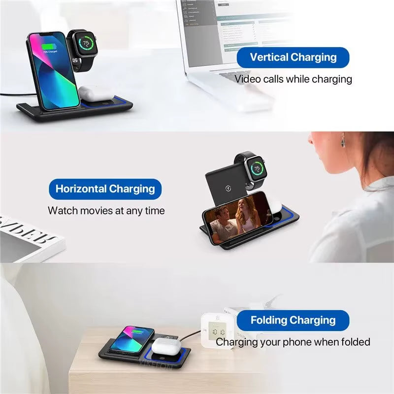 3 in 1 Wireless Charger Stand Foldable Fast Charging Station Dock Mobile Phone Holder for Iphone 15 14 13 12 Apple Watch Airpods