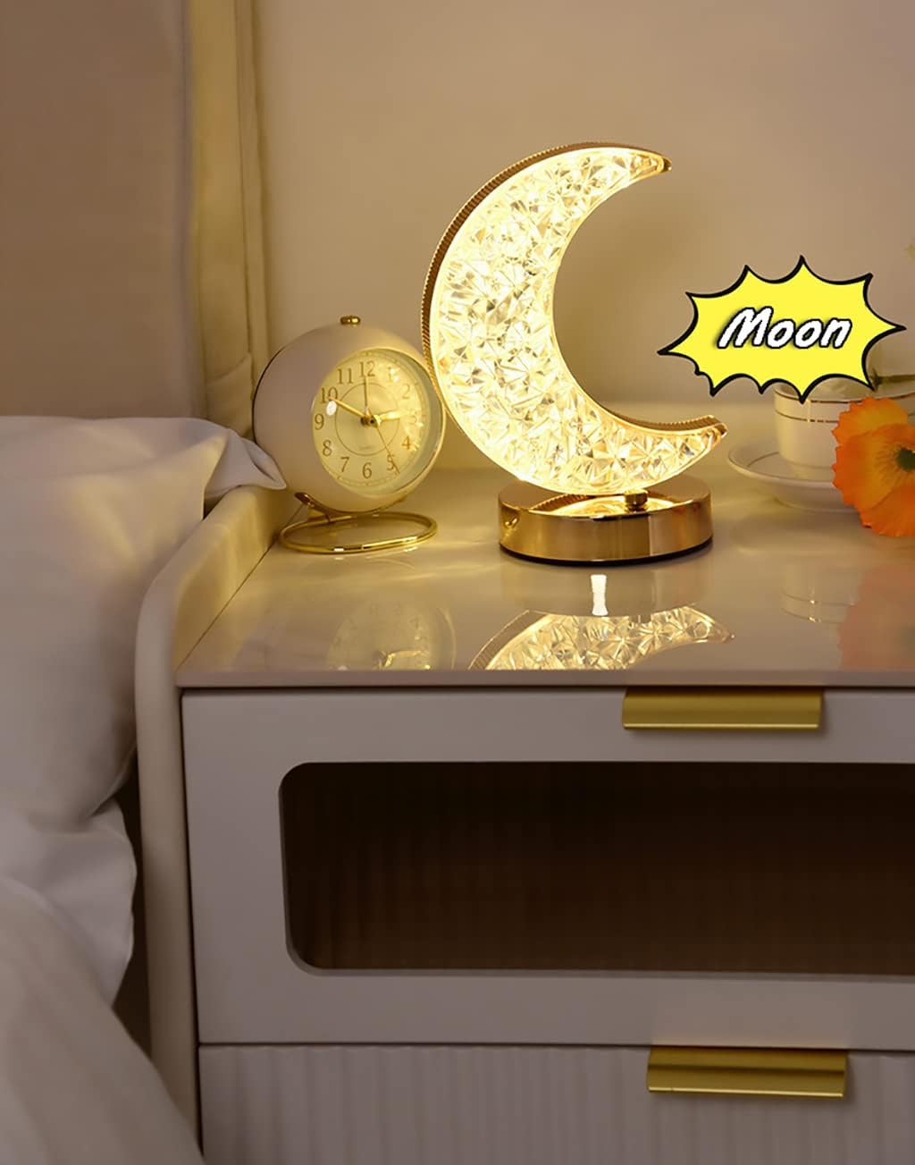Enchanting Crystal Moon LED Touch Control Table Lamp - USB Rechargeable Acrylic 3-Way Touch Sensor Nightstand Light for Cozy Bedrooms, Nurseries, and Living Rooms