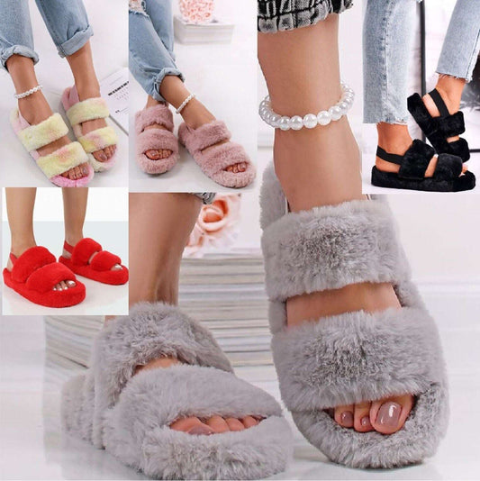 NEW LADIES WOMENS FLAT FLUFFY COMFY SOFY WARM FAUX FUR SLIDERS SLIPPERS SIZE 3 - 8 - Prime Choice