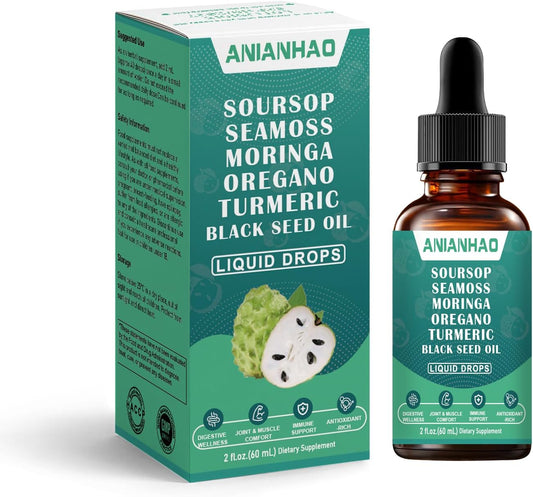 Revitalize Your Health with Soursop Bitters Fruit Liquid Drops - 10-in-1 Powerhouse with Sea Moss, Moringa, Turmeric, Black Seed Oil, Oregano, and Ashwagandha | Vegan & Non-GMO | 60ml