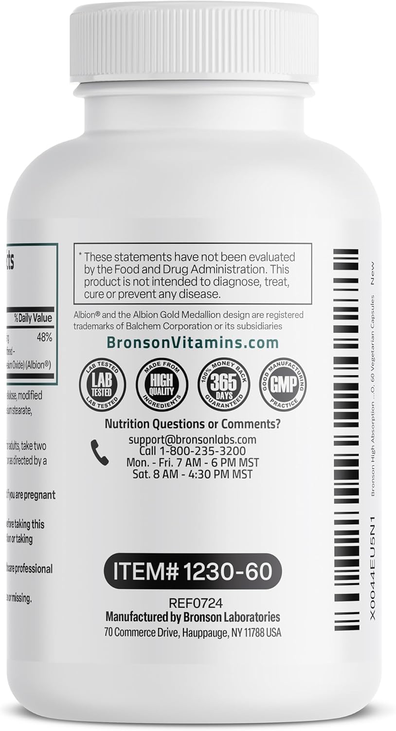 Magnesium Glycinate 200 MG per Serving Chelated for High Absorption, Gentle on Stomach, Non-Gmo, 60 Vegetarian Capsules