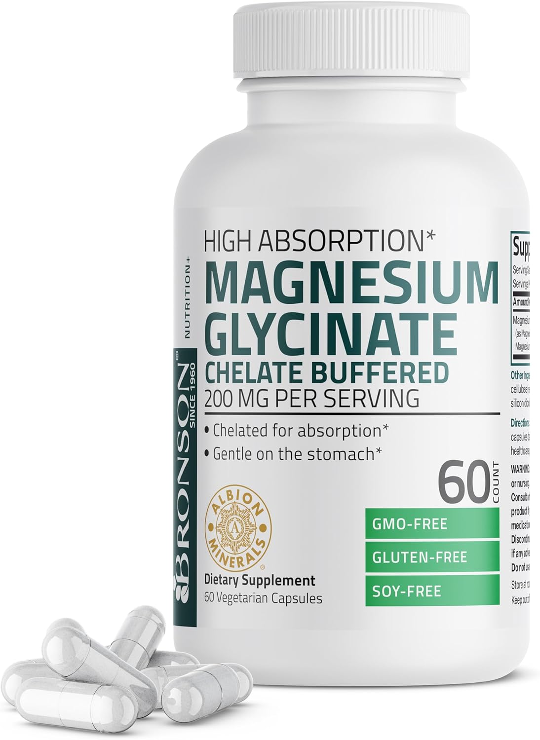 Magnesium Glycinate 200 MG per Serving Chelated for High Absorption, Gentle on Stomach, Non-Gmo, 60 Vegetarian Capsules