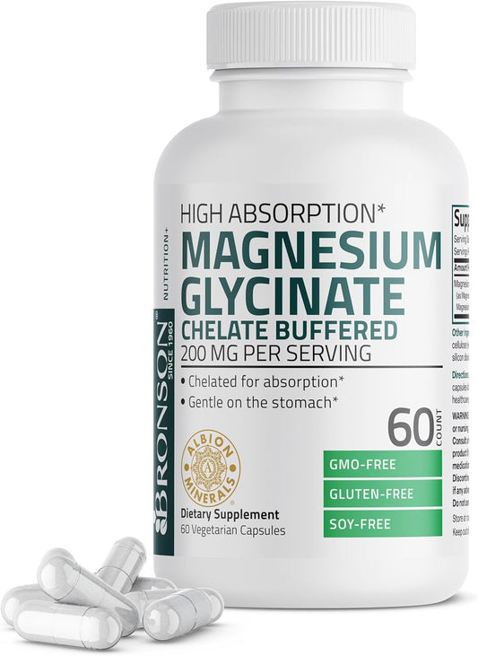 Magnesium Glycinate 200 MG per Serving Chelated for High Absorption, Gentle on Stomach, Non-Gmo, 60 Vegetarian Capsules