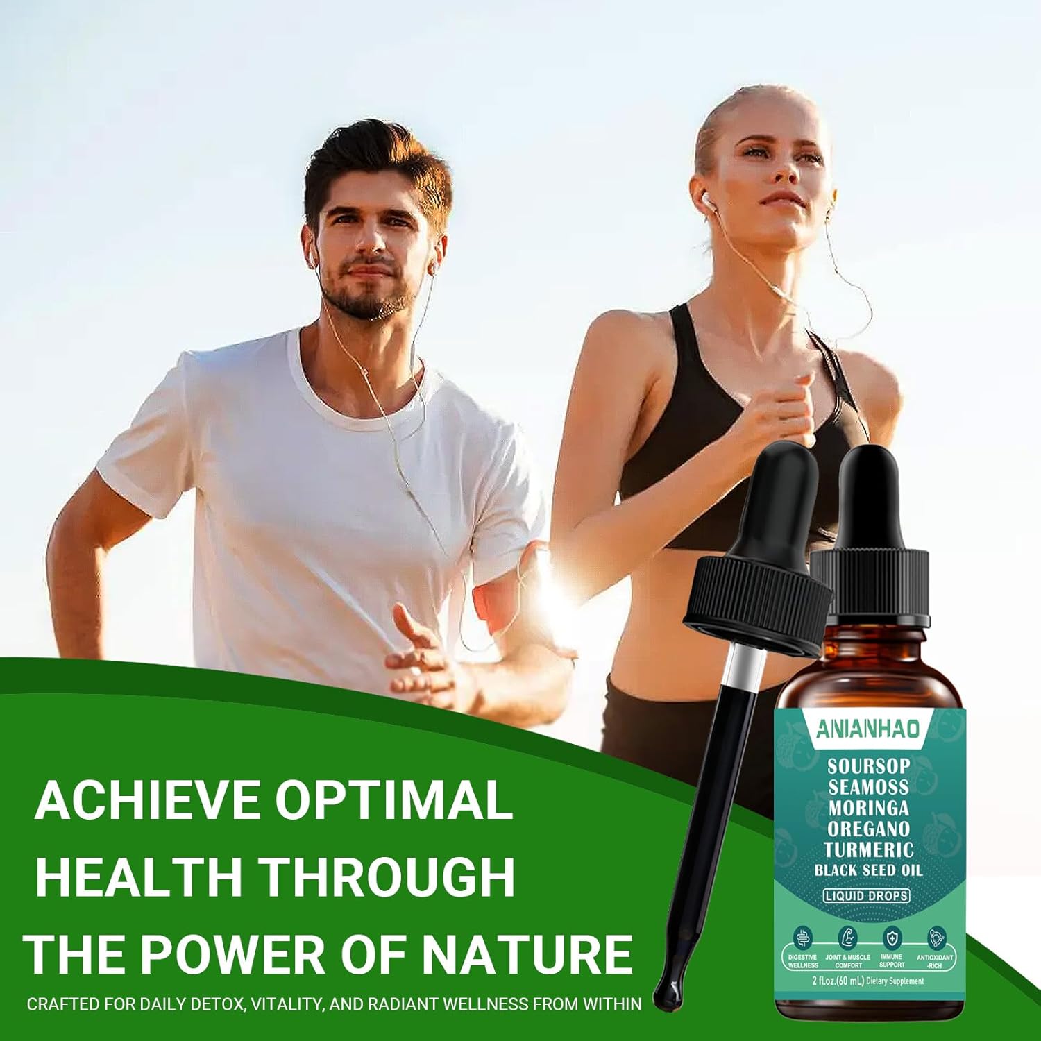 Revitalize Your Health with Soursop Bitters Fruit Liquid Drops - 10-in-1 Powerhouse with Sea Moss, Moringa, Turmeric, Black Seed Oil, Oregano, and Ashwagandha | Vegan & Non-GMO | 60ml