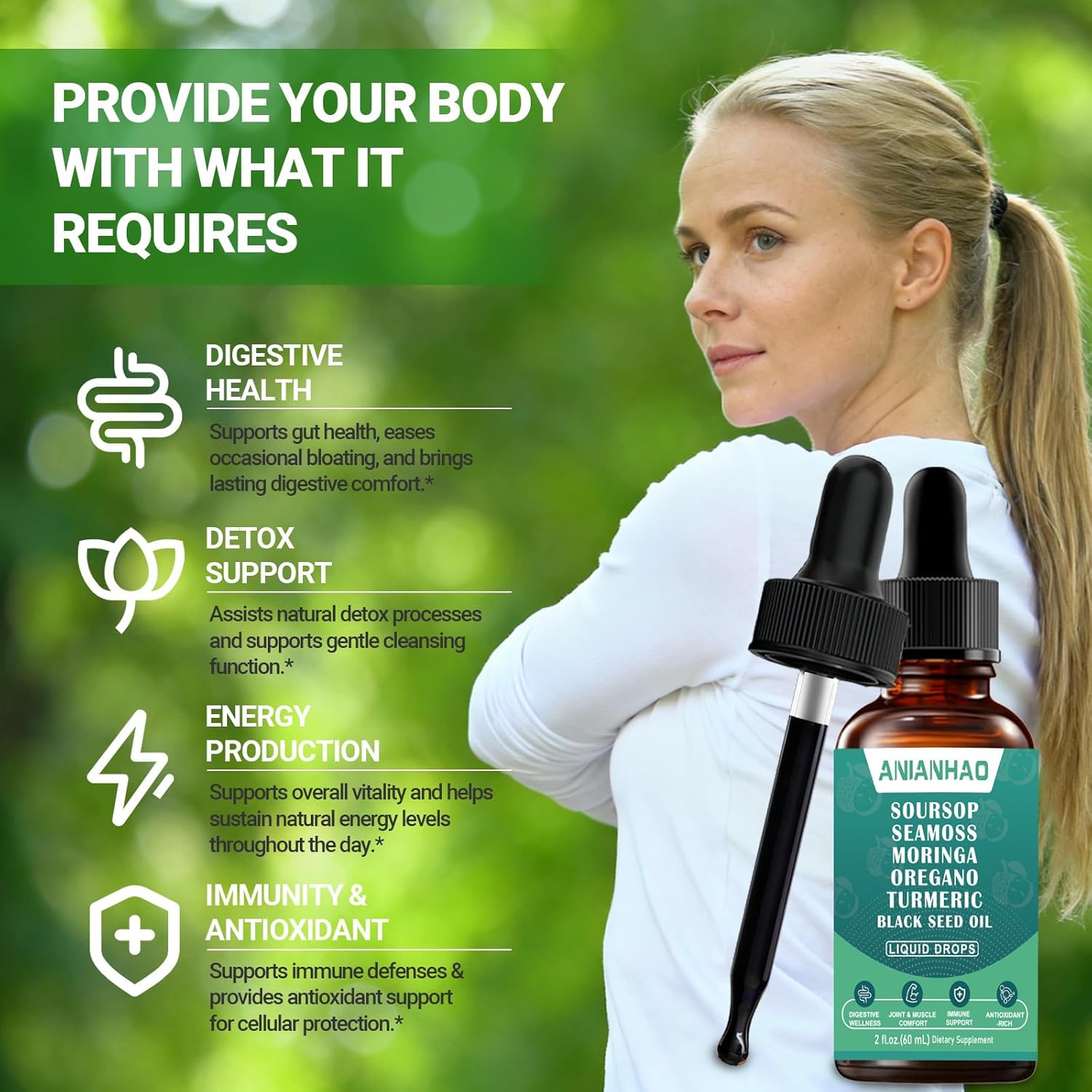 Revitalize Your Health with Soursop Bitters Fruit Liquid Drops - 10-in-1 Powerhouse with Sea Moss, Moringa, Turmeric, Black Seed Oil, Oregano, and Ashwagandha | Vegan & Non-GMO | 60ml