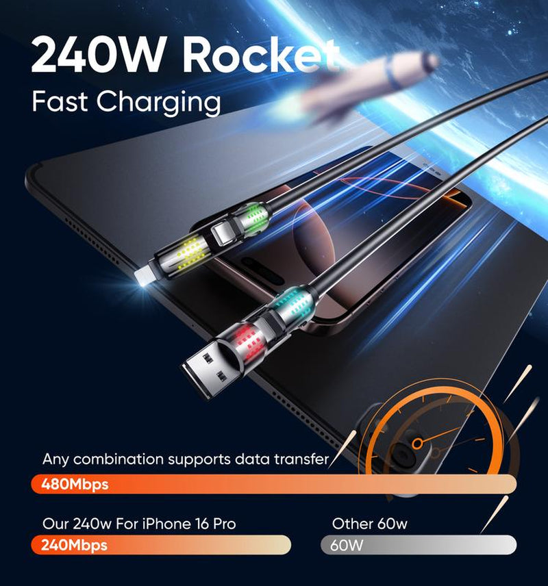MAGIC JOHN™ 4-in-1 Charging Cable | Super Fast 240W USB-C, Lightning, Micro USB | Universal Multi-Device Charger