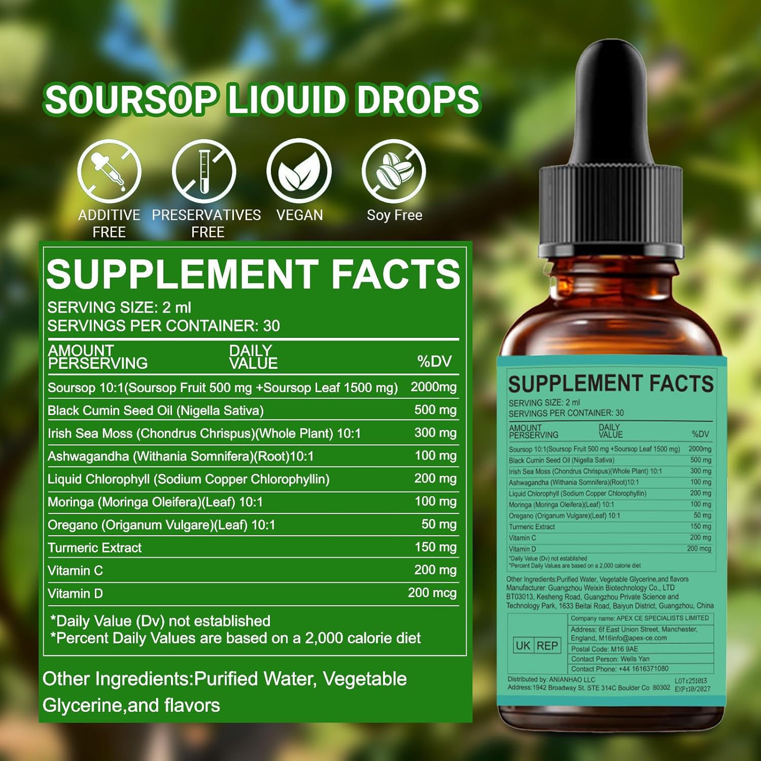 Revitalize Your Health with Soursop Bitters Fruit Liquid Drops - 10-in-1 Powerhouse with Sea Moss, Moringa, Turmeric, Black Seed Oil, Oregano, and Ashwagandha | Vegan & Non-GMO | 60ml