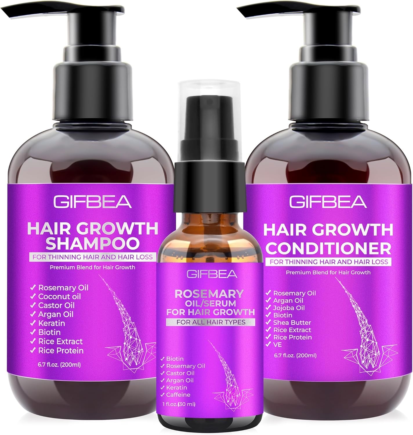 Hair Growth Shampoo and Conditioner Set with Rosemary Oil Serum,  Hair Loss Treatment, Thickening for Women and Men
