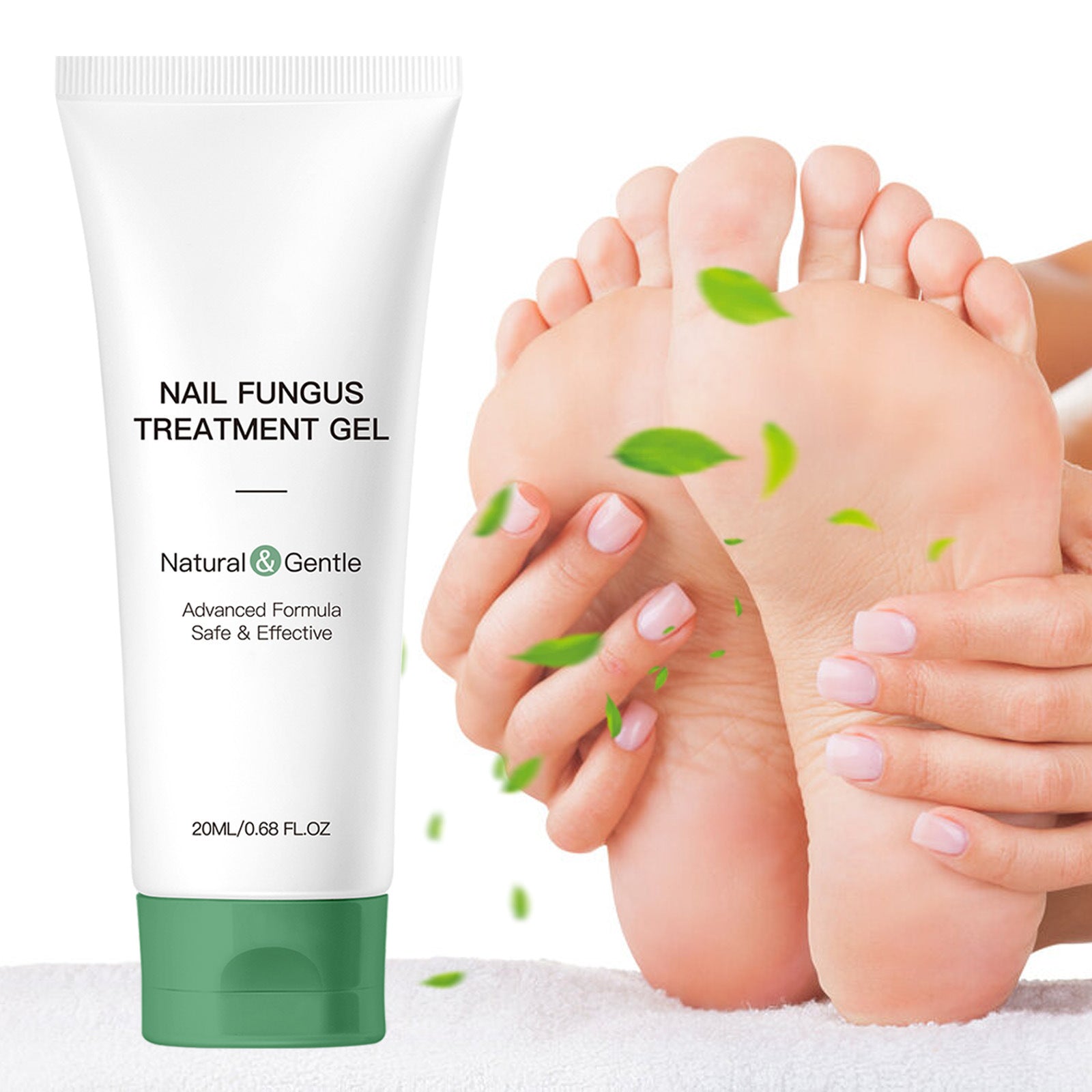 Nail fungus treatment gel with a close-up of feet and green leaves on a white background