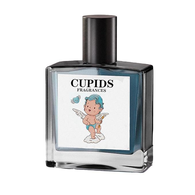 Perfume bottle with 'Cupids Fragrances' label featuring an angelic figure on a white background