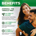 Advertisement for Moringa benefits with a couple embracing on a white background