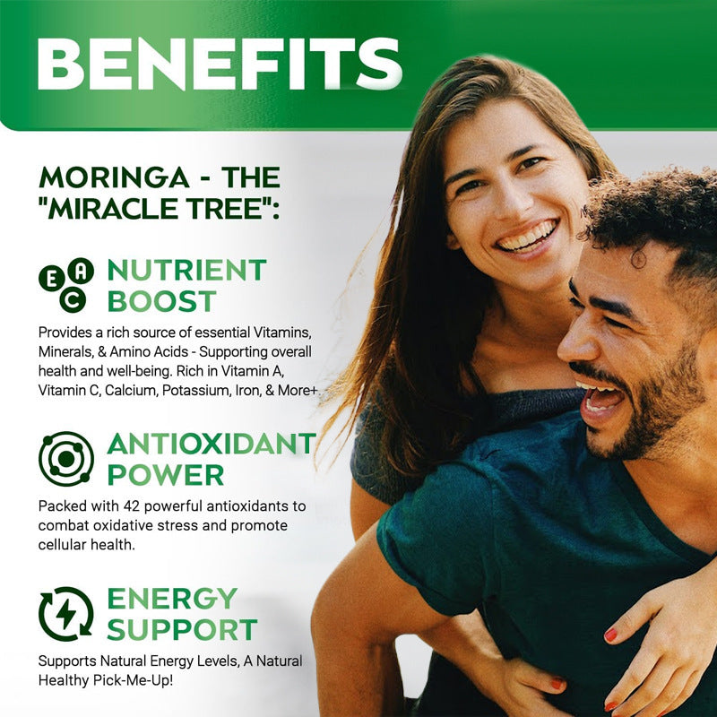 Advertisement for Moringa benefits with a couple embracing on a white background